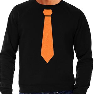 Bellatio Decorations Koningsdag sweater heren - stropdas - zwart - glitters - oranje feestkleding XXL