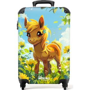 NoBoringSuitcases.com® - Kinderkoffer meisje - Kindertrolley meisjes - Pony tussen gele bloemen - Handbagage koffer lichtgewicht - Reiskoffer trolley kinderen - Rolkoffer met wieltjes - Past binnen 55x40x20 en 55x35x25