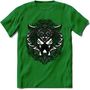 Tijger - Dieren Mandala T-Shirt | Roze | Grappig Verjaardag Zentangle Dierenkop Cadeau Shirt | Dames - Heren - Unisex | Wildlife Tshirt Kleding Kado | - Donker Groen - 3XL