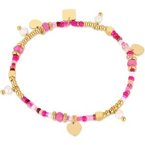 Twice As Nice Armband in goudkleurig edelstaal, roze en hartjes 18 cm
