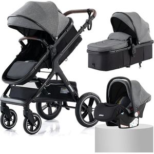 Kinderwagen 3 in 1 - Wandelwagen - Incl Maxi Cosi - Reiswieg - Buggyzit - Complete set - Inklapbaar - Grijs/Zwart