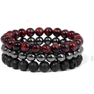 Bixorp Gems Rode Tijgeroog + Hematiet + Lavasteen Edelstenen Armbanden Set - Edelsteen Kralenarmband