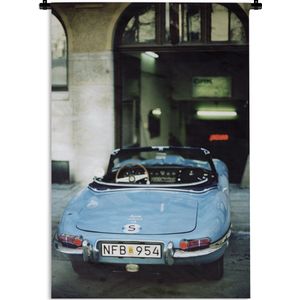 Wandkleed Vintage Auto's  - Blauwe vintage Jaguar E-type auto Wandkleed katoen 90x135 cm - Wandtapijt met foto