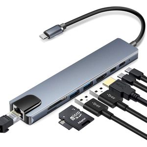 USB C Hub 8-in-1 Type C Hub met Ethernet-poort, één 4K HDMI kabel, 2 USB 3.0-poorten, 100 W Power Delivery Opladen en Geheugen kaart SD-kaartlezer Geschikt voor: Apple MacBook Pro/Air / Chromebook / HP / Asus / Lenovo