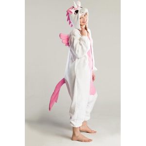 KIMU Onesie Wit Roze Pegasus Pak - Maat M-L - Eenhoornpak Kostuum Eenhoorn Unicorn 170 176 - Jumpsuit Huispak Dierenpak Pyjama Dames Heren Festival