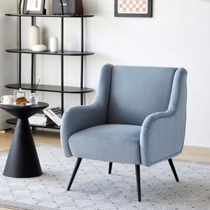 Moderne woonkamer vrijetijdsstoel met hoge rugleuning, fluwelen stoel, leesstoel, vrijetijdsstoel, enkele fauteuil, vrijetijdsstoel met metalen armleuning blauw