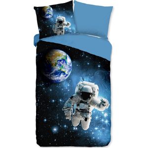 Cheqo® Dekbedovertrek voor Kinderen - 140x220 cm - Ruimte en Astronaut Print - Blauw - 1 Persoons - 100% Katoen