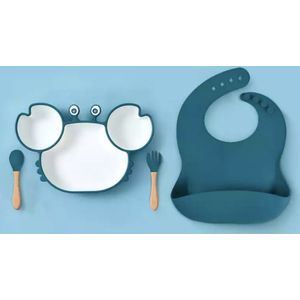 Silicone kinderservies met een zuignap onder het bord - 4 delig - blauw - baby servies set  - kinderbestek - kinderbord - baby servies - baby bestek - krab