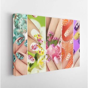 Collection of trendy colorful various manicure with design on nails with glitter,rhinestones,real flowers,stickers,turquoise and yellow French manicure. - Modern Art Canvas - Horizontal - 605363885 - 50*40 Horizontal