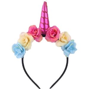 KIMU Bloemen Eenhoorn Haarband Roze - Unicorn Diadeem Pink Hoorn Haar Lolita - Bloemetjes Festival