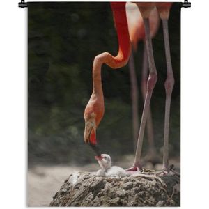 Wandkleed Flamingo  - Flamingo die haar kuiken voert Wandkleed katoen 150x200 cm - Wandtapijt met foto