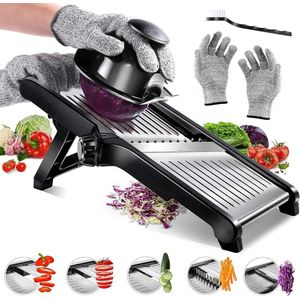 Mandoline groenteschaaf, verstelbare keukenrasp, juliennesnijder met snijbestendige handschoenen, groentesnijder voor fruit, aardappelen, tomaten, uien, kaas, reinigingsborstel