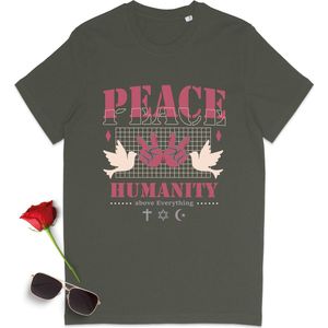 T Shirt Dames - Vrede voor de Mensheid - Groen (Khaki) - Maat XL