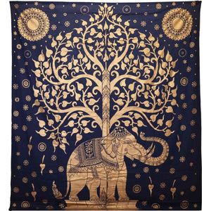 Tweepersoons Katoenen Sprei - Wandkleed - Olifant & Boom - Blauw & Goud - 200cmx230cm - Handgemaakt