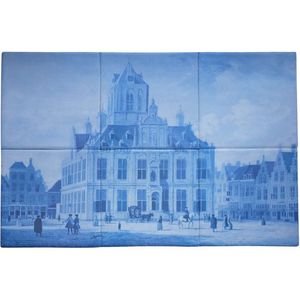 MadDeco Nederlands fabrikaat Delfts Blauw Stadhuis Delft op plateau van 6 tegels Friese Witjes 13 x 13 cm per tegel