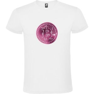 Wit t-shirt met groot 'BitCoin print' in Roze tinten size S