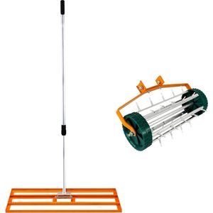 2-in-1 Handmatige Verticuteermachine en Gazonvlakker Set in Oranje Gegalvaniseerd Staal en Aluminium met Uitschuifbaar Handvat tot 2m, Vlakkingsbasis van 100 cm en Spikes van 3,8 cm