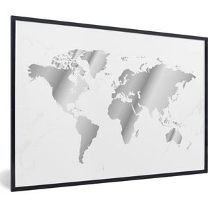Fotolijst incl. Poster Zwart Wit- Grijs getinte wereldkaart met marmeren achtergrond - zwart wit - 60x40 cm - Posterlijst