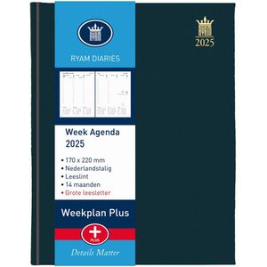 Ryam | Bureau agenda | Weekplan Plus Wit NL Mercury | 2025 | Genaaid gebonden | 170 x 220 mm | 14 mnd | Zwart |