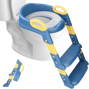 Universele WC Verkleiner met Trapje - Inclusief Kussentje & Handvaten - Toilettrainer - Past altijd! - Wc verkleiner - Opvouwbaar - Toilet hulp - 2 tot 7 jaar - Blauw-Geel