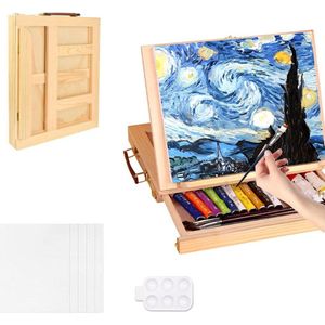 Schildersezel tafelmodel Verstelbare Bureau Tafelblad Ezel - Draagbare Kunstenaar Ezel met 5 Leeg Canvas Panelen - Verf Palet Opberglade voor Schilderen Tekening schildersezel tafelmodel