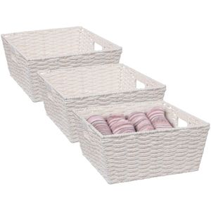 5Five Rieten opbergmand - 3x - gevlochten - wit - 31 x 31 x 15 - Kast-/badkamer mandjes - metaal/kunststof