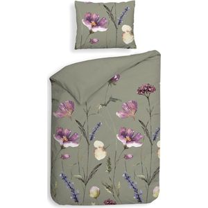 Heckettlane Dekbedovertrek Vico - Bedlinnen met Bloemen print - 140x220 - Groen - Dekbedhoes van 100% Katoen-Flanel