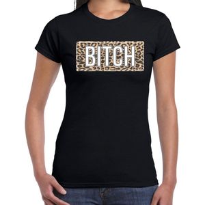 Bitch t-shirt met panterprint - zwart - dames - fout fun tekst shirt / outfit / kleding L