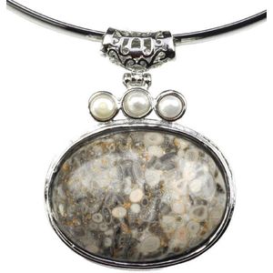 Zoetwater parel - en edelstenen ketting Three Pearl Grey Gemstone - echte parels - oceaan jaspis - wit - grijs - zilver - ketting met hanger