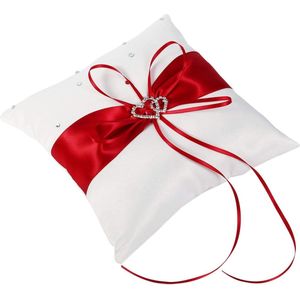 Trouwringkussen decoratie romantisch bruiloft lint strik charme dubbele harten diamanten ringdrager voor buiten bruiloft (rood)
