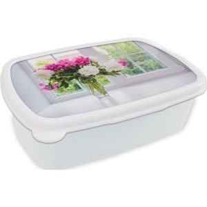 Broodtrommel Wit - Lunchbox - Brooddoos - Bloemen - Pioenrozen - Vaas - 18x12x6 cm - Volwassenen