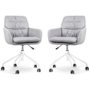 Nolon Nout-Mia Bureaustoelen Set van 2 Grijs - met Armleuning - Stof - Verstelbaar - Wieltjes - Wit Onderstel