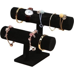 Fluwelen armbandhouder, fluwelen sieradenopbergsysteem, afneembaar, 2 etages, voor sieraden, horloges, kettingen, armbanden (zwart, 2 lagen)