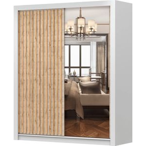 Kledingkast LINX 200 cm - 2-deurs schuifdeurkast met spiegel en houtlamellen - Moderne garderobekast voor slaapkamer of woonkamer (Wit + Sonoma)