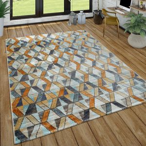 Paco Home Vloerkleed Woonkamer Met Ruitpatroon, Modern Laagpolig Vloerkleed Geel, Blauw, Grijs 120x170 cm