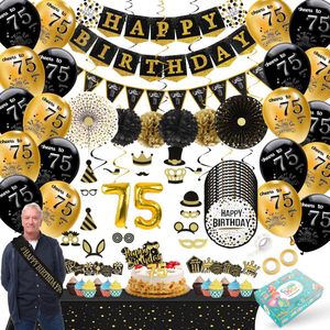 Celejoy® 75 Jaar 92-Delig Zwart & Goud Verjaardags feestpakket - Ballonnen, Slingers & Taarttopper - Voor Jongens, Meisjes - Ultieme Feestdecoratie