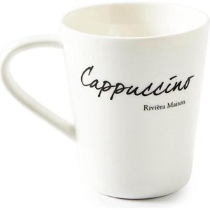 Riviera Maison cappuccino kop met tekst, koffiemok - Maat M - 200 ML - 1 stuk, Vaatwasserbestendig - Classic Cappuccino Mug - Wit - Porselein