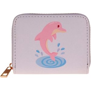 Portemonnee Wit - Dolfijn Roze Springend Splash - Rits - 11x9cm