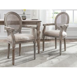 Vente-unique Set van 6 stoelen met armleuningen - Riet, stof en heveahout - Beige - ANTOINETTE L 54.4 cm x H 95.5 cm x D 57 cm