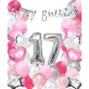 Snoes Ballonnen 17 Jaar Pink Blush Silver Mega Ballon - Compleet Feestpakket 17 Jaar - Verjaardag Versiering Slinger Happy Birthday – Folieballon – Latex Ballonnen - Helium Ballonnen - Zilver en Roze Verjaardag Decoratie