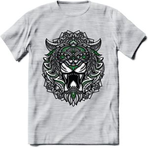 Tijger - Dieren Mandala T-Shirt | Groen | Grappig Verjaardag Zentangle Dierenkop Cadeau Shirt | Dames - Heren - Unisex | Wildlife Tshirt Kleding Kado | - Licht Grijs - Gemaleerd - XL