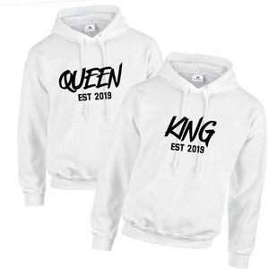 Hoodie set koppel-King en Queen est met jaartal-wit-set hoodies koppel-Kerstcadeau-Sinterklaascadeau-Maat XXL