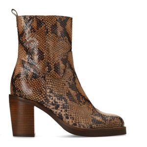 Manfield - Dames - Taupe leren snakeprint enkellaarsjes met hak - Maat 36