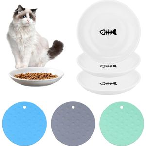 Keramische kattenbak, 3 stuks kattenbakken, plat met 3 antislipmatten, voerbak voor katten vanaf snorhaarmoeheid, natvoerbakken voor katten, kittens, honden