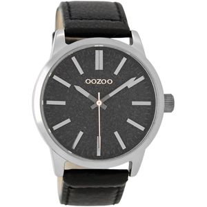 OOZOO Timepieces - Zilverkleurige horloge met zwarte leren band - C9069