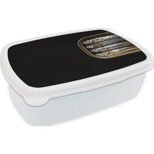 Broodtrommel Wit - Lunchbox Sardines - Blik - Zwart - Vissen - Brooddoos 18x12x6 cm - Brood lunch box - Broodtrommels voor kinderen en volwassenen
