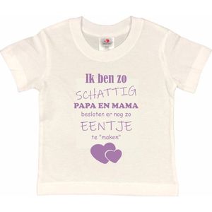 Shirt Aankondiging zwangerschap Ik ben zo schattig papa en mama besloten er nog zo eentje te ""maken"" | korte mouw | wit/lila | maat 122/128 zwangerschap aankondiging bekendmaking