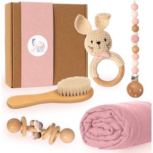 Love Nest Kraamcadeau Jongen / Meisje - Baby Cadeau Babyshower - Baby Bijtring, Speenkoord en Knuffeldoekje - Kraammand met Kraamcadeautjes