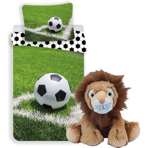 Voetbal dekbedovertrek - 1persoons 140x200 - Katoen- dubbelzijdig- incl. pluche knuffel NL Leeuw 30 cm