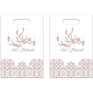 18x stuks Ramadan Mubarak thema feestzakjes/uitdeelzakjes wit/rose goud 23 x 17 cm - Suikerfeest/offerfeest